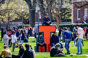 Students on the main quad with the Block I sculpture. 