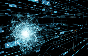 Mass of light appears among a series of glowing mathematical equations and physics symbols