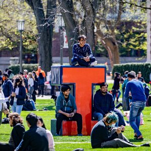 Students on the main quad with the Block I sculpture. 